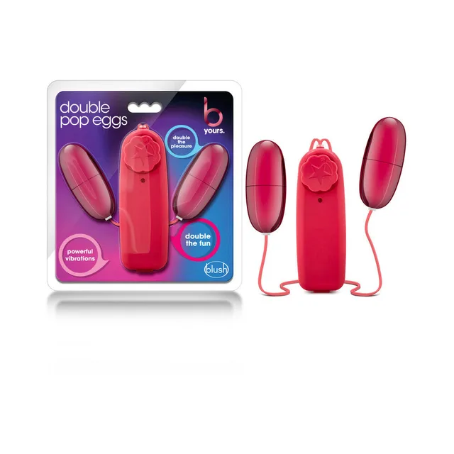 Blush B Yours Cerise Double Pop Eggs dual eggs and remote beside retail blister pack