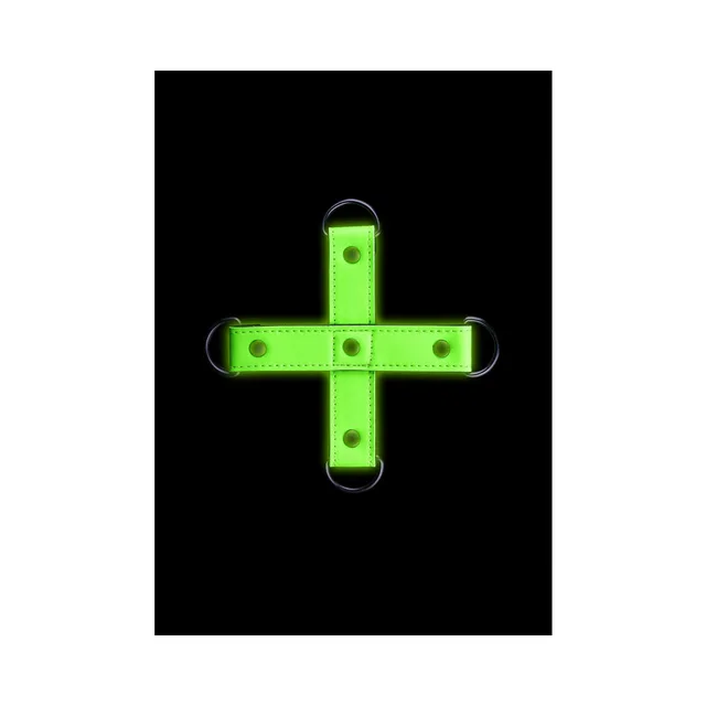 Neon-green cross-shaped hogtie with four metal rings