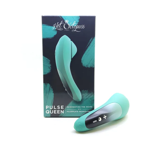 teal Pulse Queen curved vibrator beside black feather-design retail box