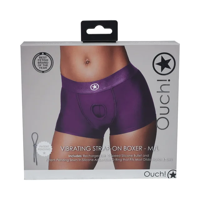 purple Ouch vibrating strap-on boxer M/L pictured on gray box
