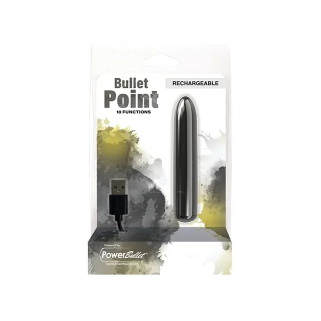 Black Power Bullet Point vibrator and USB cable in retail package