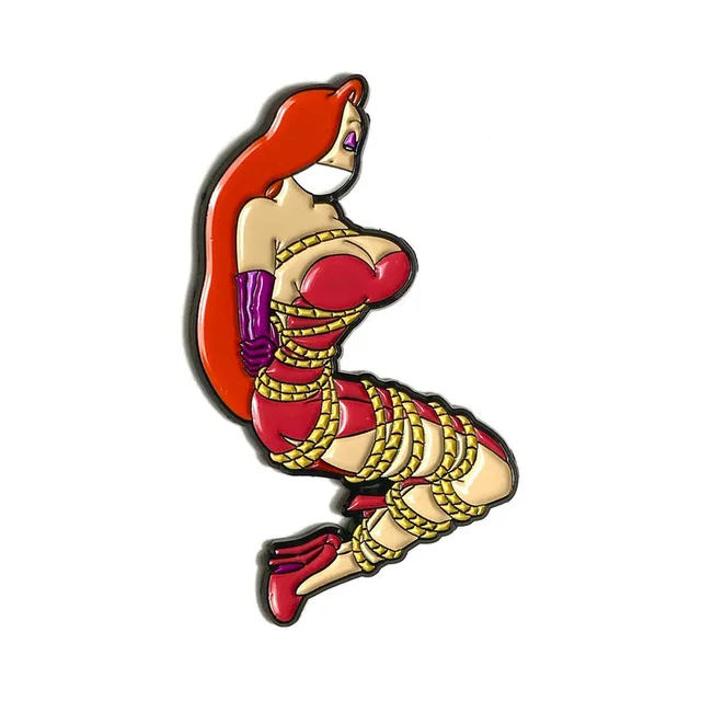 Miss Jess soft-enamel pin with orange-red hair, red dress and yellow rope