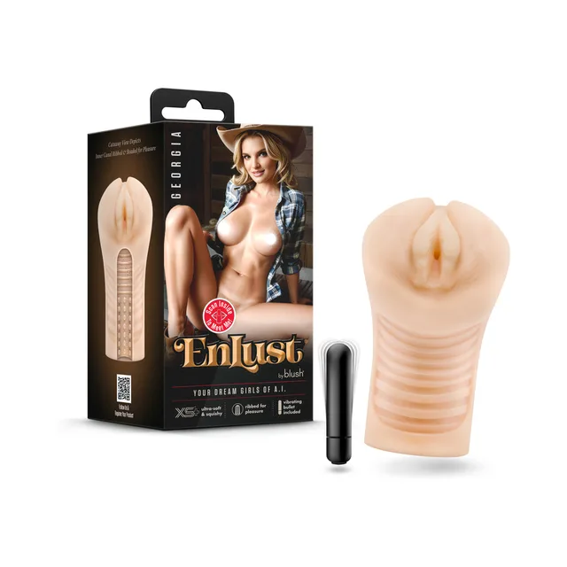 Blush EnLust Georgia textured stroker with black bullet and illustrated retail box