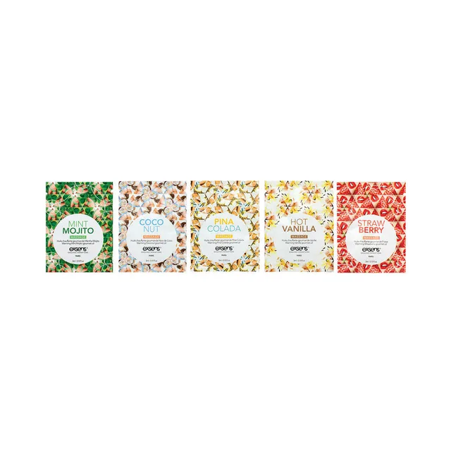 five Exsens massage gel foils labeled Mint Mojito Coconut Pina Colada Vanilla and Strawberry