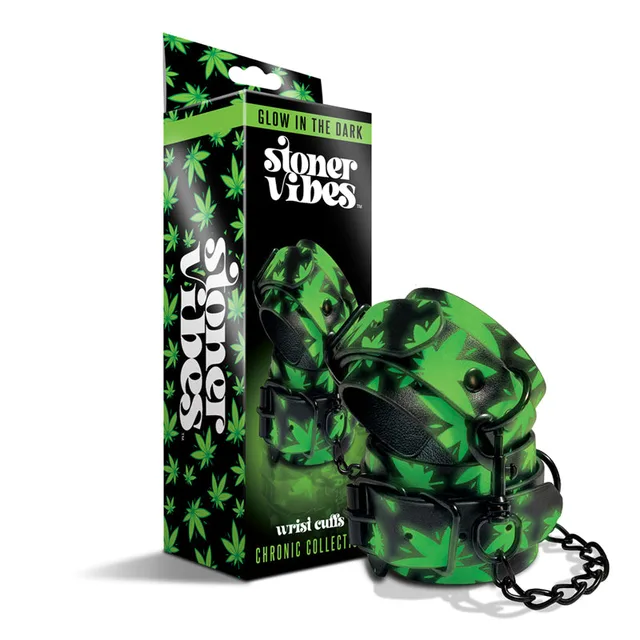Stoner Vibes green cannabis wrist cuffs and chain beside retail box