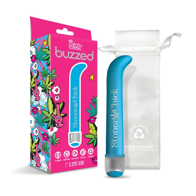 Buzzed Stoner Chick blue G-spot vibe with pink box and white pouch