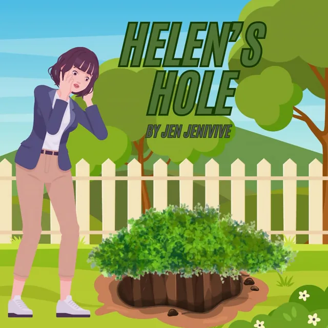 Front cover of Helen's Hole adult parody book with a woman looking into a large garden hole beside a white fence