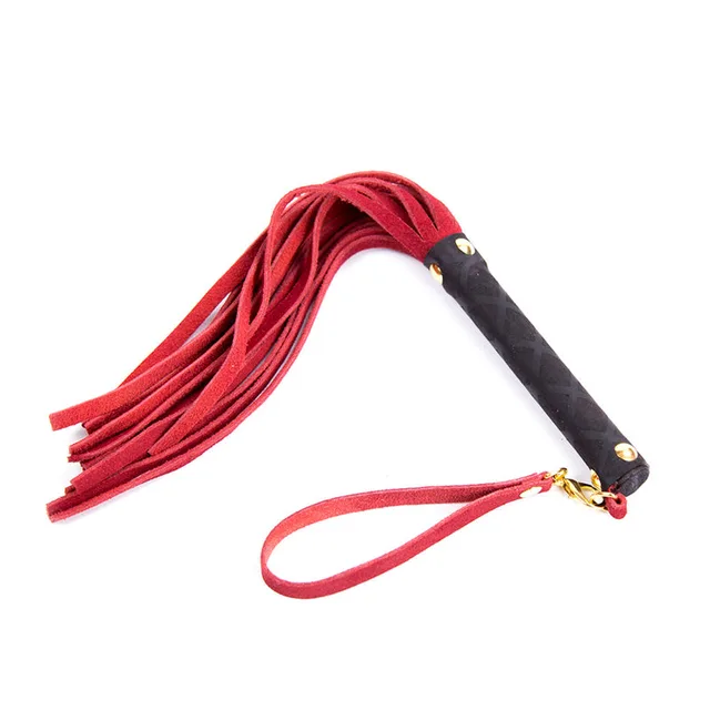 red 30-tail mini leather flogger with black wrapped handle and wrist loop
