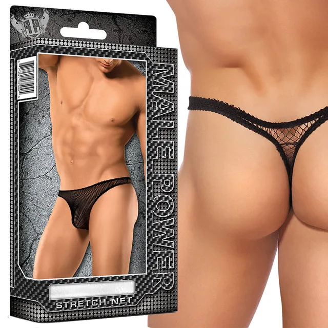 Male Power package and front-rear model views of black Stretch Net Bong thong in S/M
