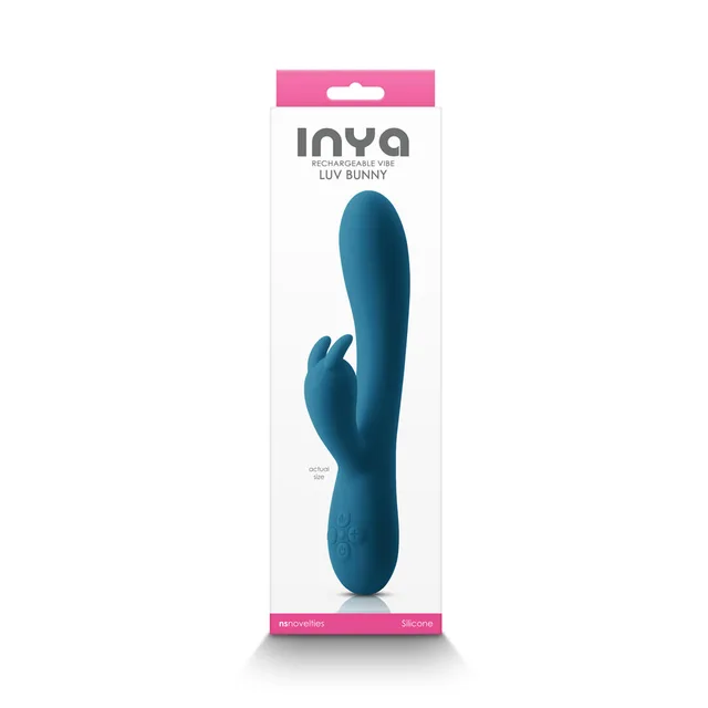 Dark teal INYA Luv Bunny vibrator in tall white and pink box