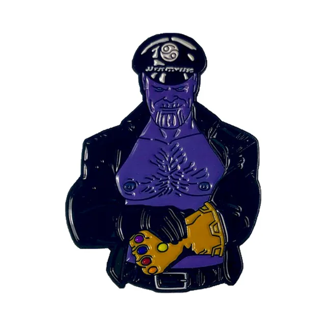 blue-purple Mad Titan character enamel pin with dark jacket and gold glove