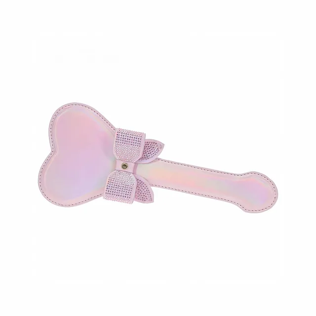 pink heart-shaped bonded leather paddle with rhinestone bow