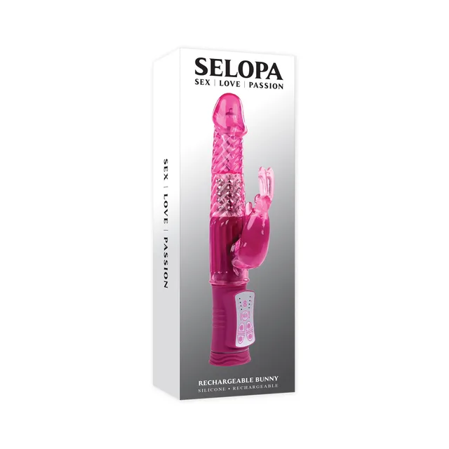 Selopa Rechargeable Bunny retail box with transparent pink vibrator