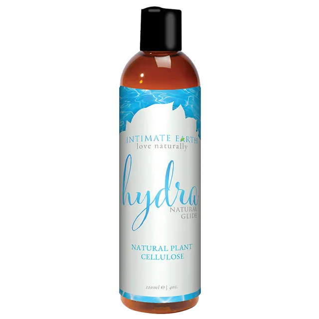 Intimate Earth Hydra 4 oz Glide tall amber bottle with blue white label and black cap
