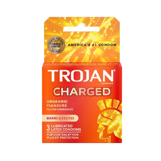 Trojan Charged 3 Pack orange condom carton with yellow burst graphics