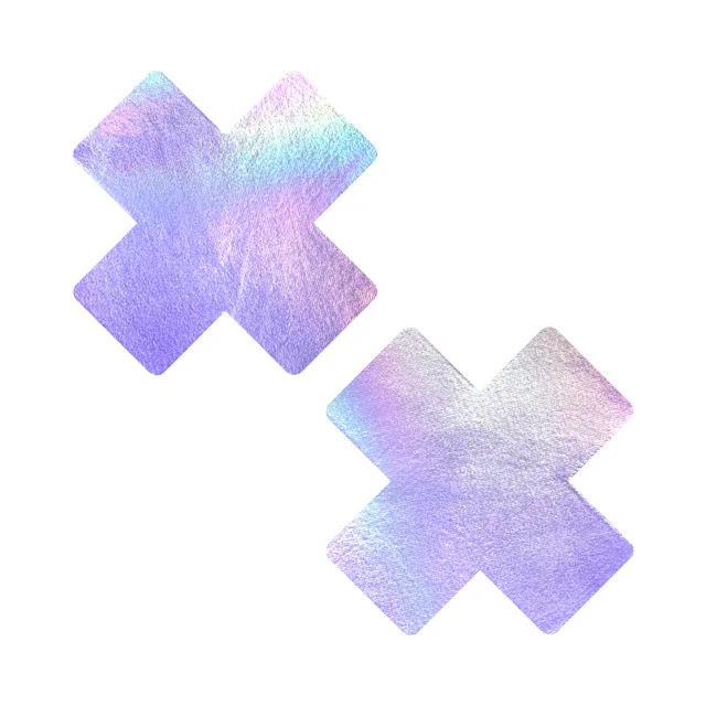 pair of lavender pearl shimmer X-shaped nipple pasties with pink and blue highlights