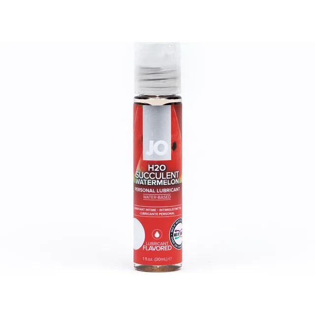 Front view of 1 oz JO H2O Succulent Watermelon bottle with silver cap and red label