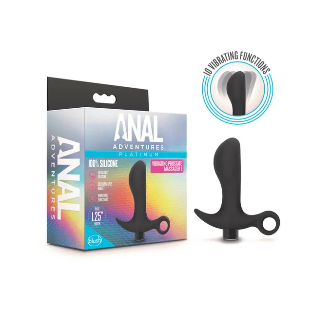 Anal Adventures 01 retail box beside black curved prostate massager