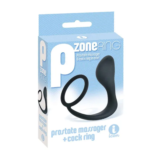 Icon Brands P-Zone black cock ring and massager in blue package
