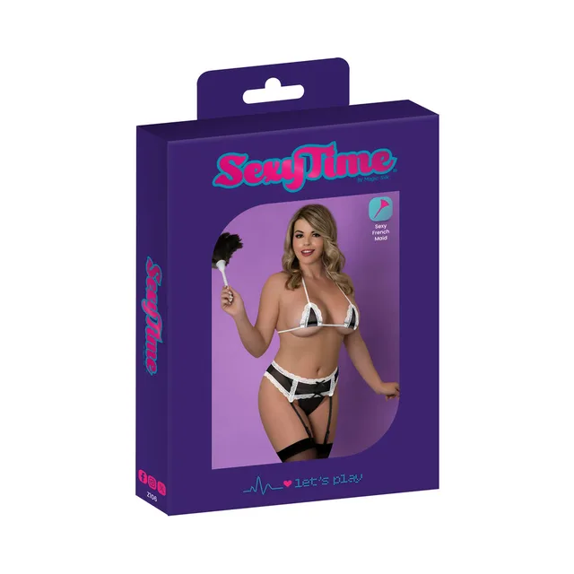 Magic Silk Sugar Service black lingerie set Queen displayed in purple retail packaging