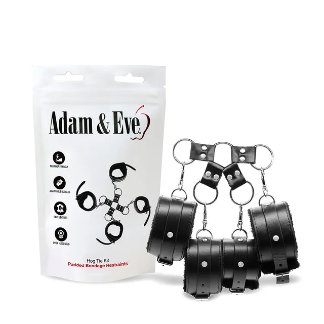 Adam & Eve black padded Hog Tie Kit four cuffs and connector beside white bag