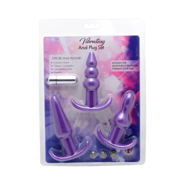 Trinity Vibes purple three-piece plug set sealed in clear retail blister pack