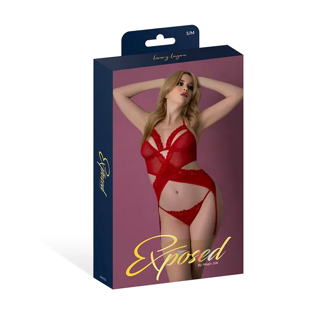 Magic Silk Rush red merry widow set S/M displayed in purple retail packaging