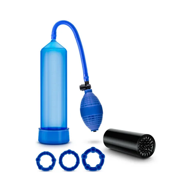 Blush Quickie Kit Go Big blue set upright blue pump black stroker and three rings