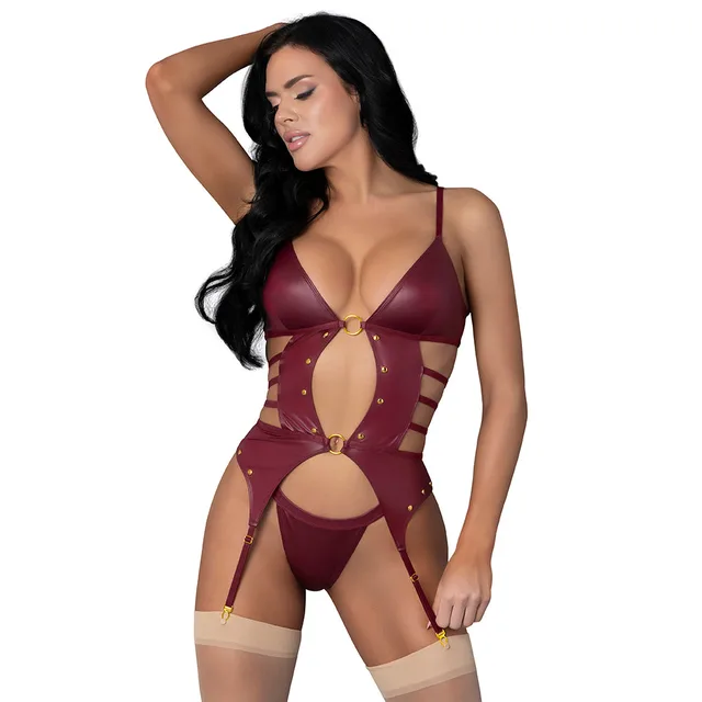 Lust Fetish Kira L/XL burgundy open-front basque and thong set front view worn by model