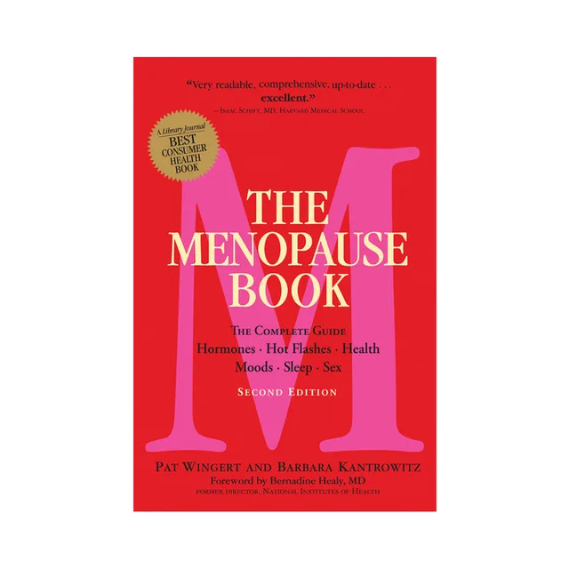 red The Menopause Book cover with large pink letter M and yellow subtitle