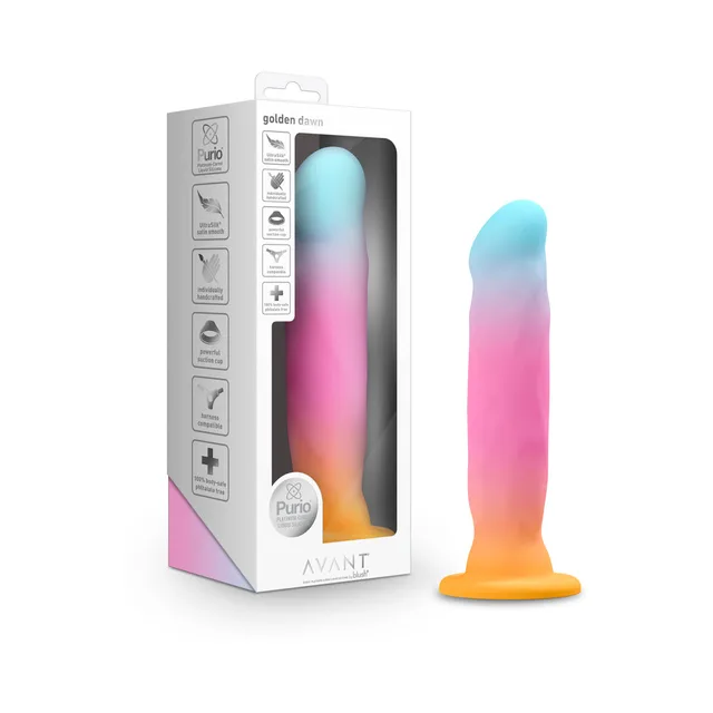 Avant Golden Dawn multicolor dildo beside retail box