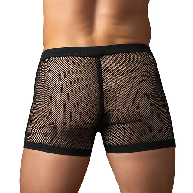 Rear view of Black Male Power Fishnet Pouch Short in size XL