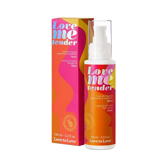 Love Me Tender mojito massage oil pump bottle beside orange box