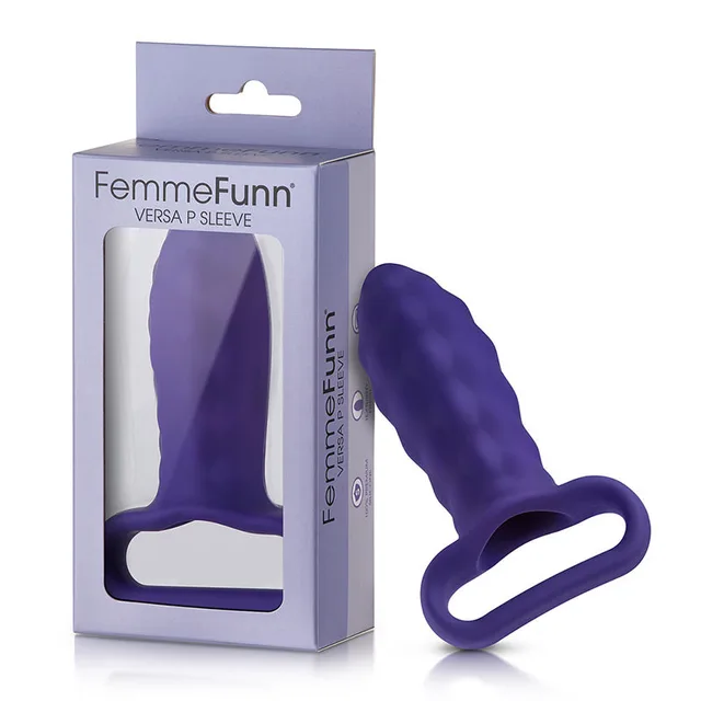 Dark purple FemmeFunn Versa P textured sleeve beside retail box
