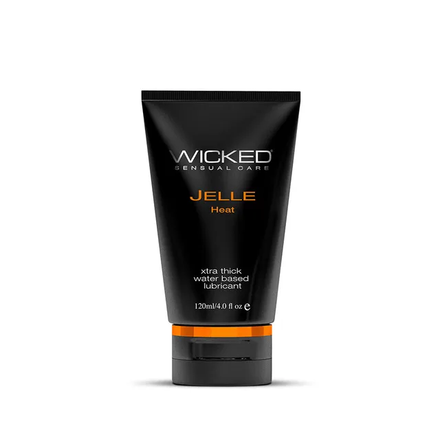 Wicked Jelle Heat 4 oz lubricant upright black tube with orange accents