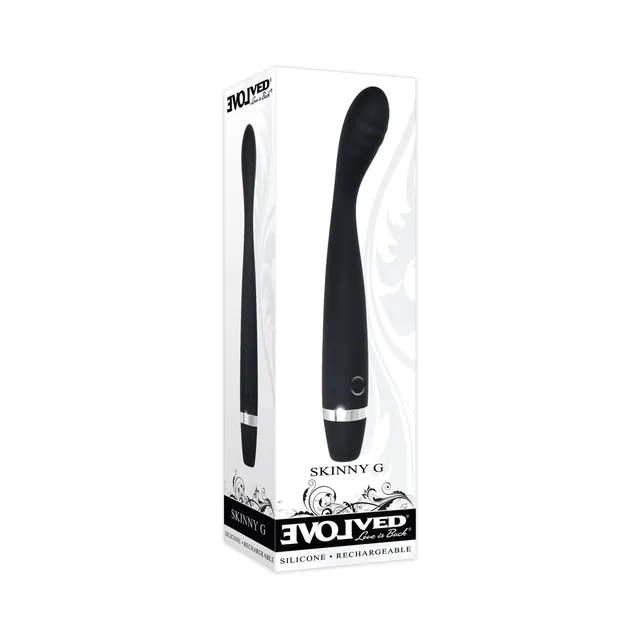 Black Evolved Skinny G vibrator beside white retail box
