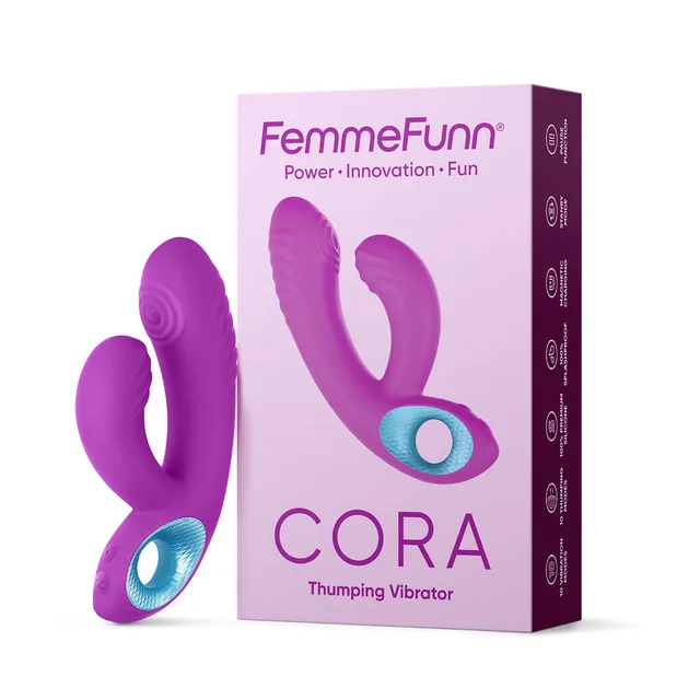 Purple FemmeFunn Cora dual-arm vibrator beside retail box