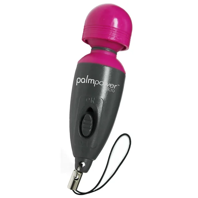 black and pink PalmPower Micro massager with metal keychain clip and wrist loop