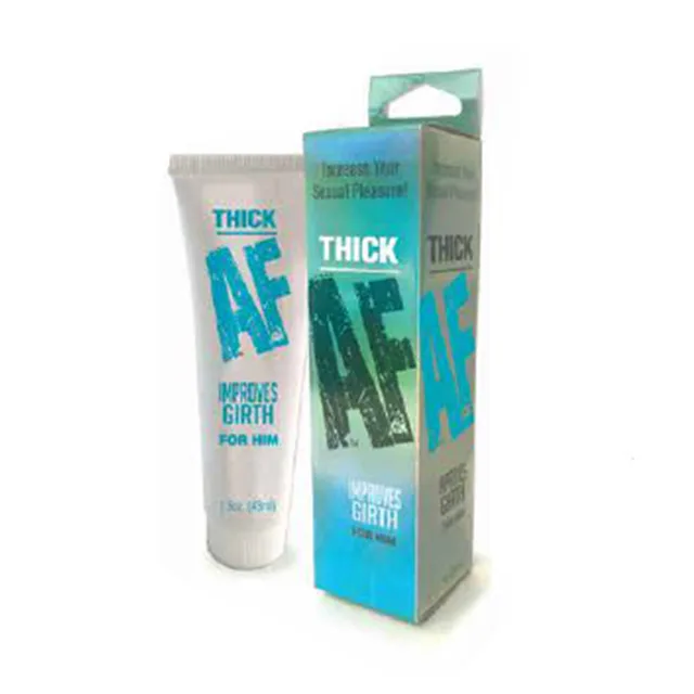 Little Genie Thick AF 1.5 oz white tube beside teal retail box