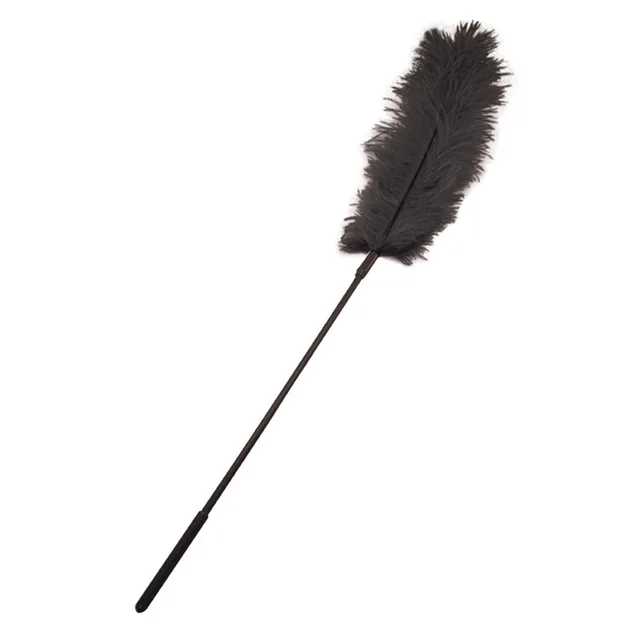 black ostrich feather tickler with long slender Sportsheets wand