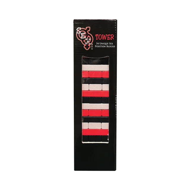 Kheper Games SEX Tower adult block game shown as a complete vertical tower inside the open-front box