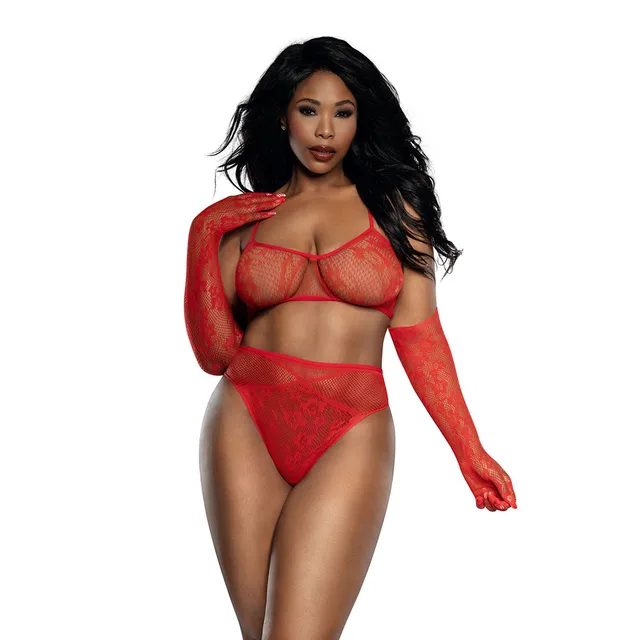 Dreamgirl red lace three-piece set Queen Size front fit with sheer bralette, high-waist thong and long gloves