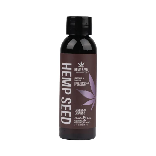 Earthly Body Lavender Massage Oil black 2 oz bottle with purple lavender label
