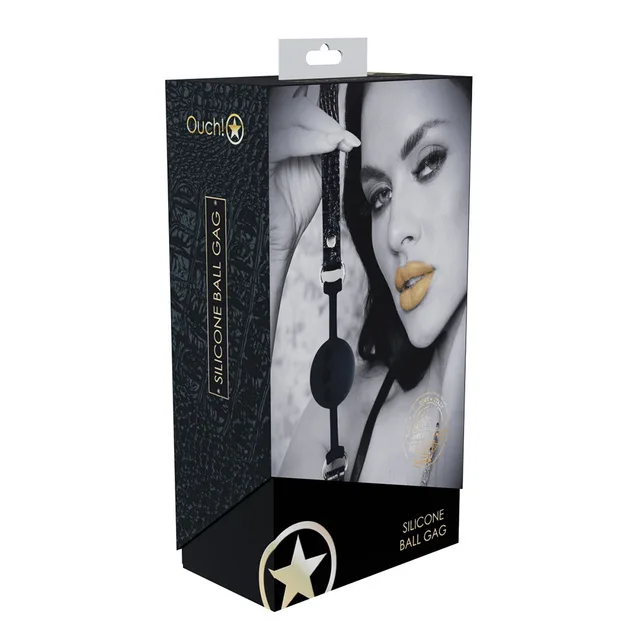black silicone ball gag with croc-print strap displayed on Rome box