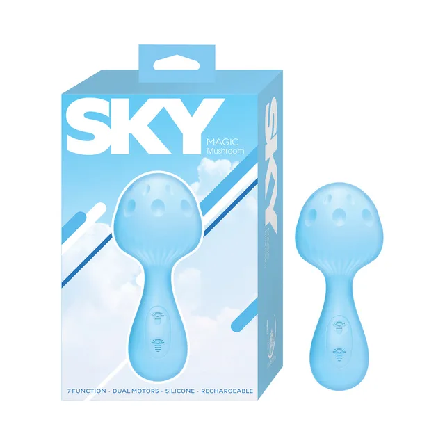 Nasstoys Sky Magic Mushroom blue massager beside the blue retail box