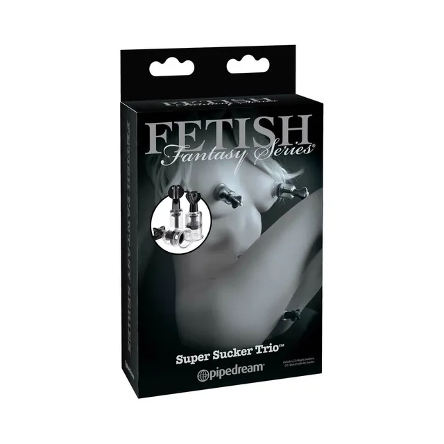 Fetish Fantasy Super Suckers Trio black retail carton with three clear black-handled devices