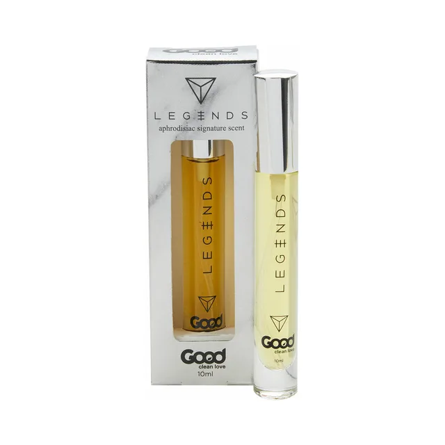 Good Clean Love Legends 10 mL scent vial with silver cap beside window carton
