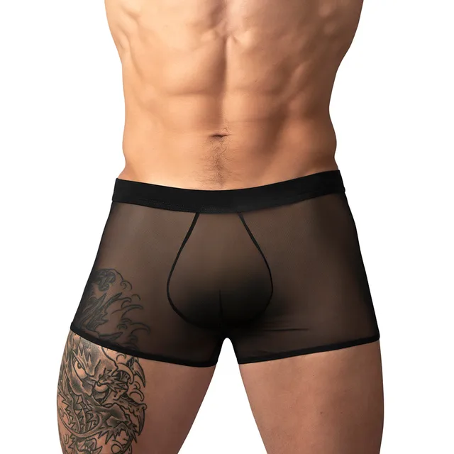 Male Power Mesh 2.0 Mini Short in black size XL worn from the front to show the black mesh pouch