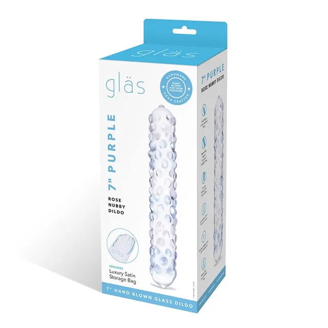 Glas Purple Rose nubby glass dildo in blue retail box