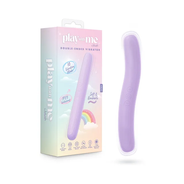 Blush Play With Me light-purple double-ended vibrator beside its pastel retail box